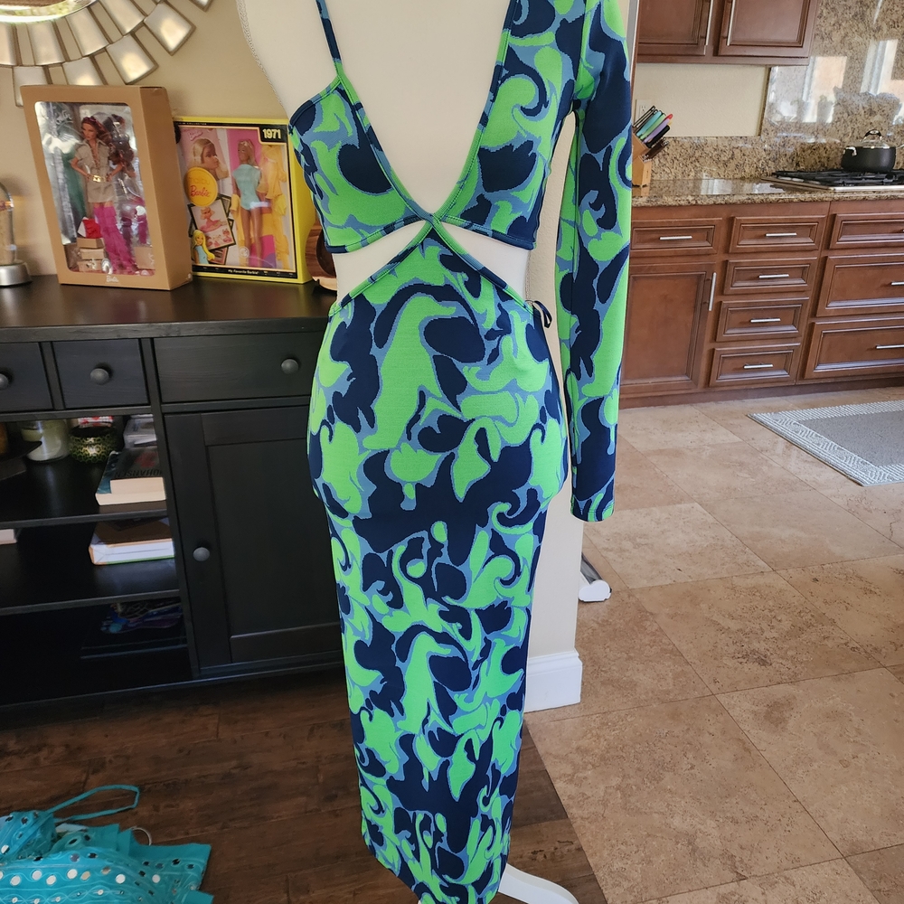 NWOT Zara Green and Blue One Shoulder Cutout Bodycon Dress